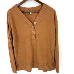 NORDSTROM Long Sleeve Waffle Knit Henley V Neck Button Sweater Womens XS Brown